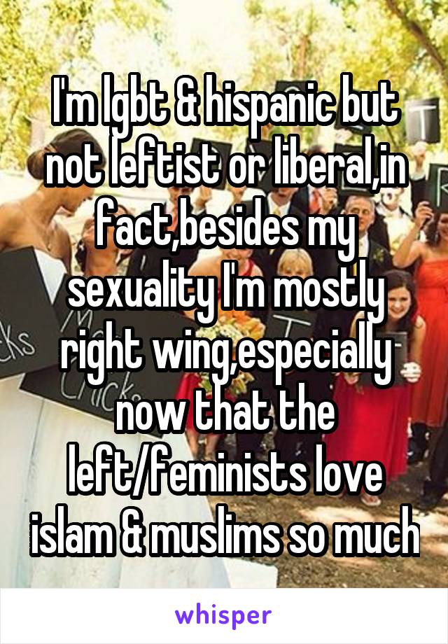 I'm lgbt & hispanic but not leftist or liberal,in fact,besides my sexuality I'm mostly right wing,especially now that the left/feminists love islam & muslims so much