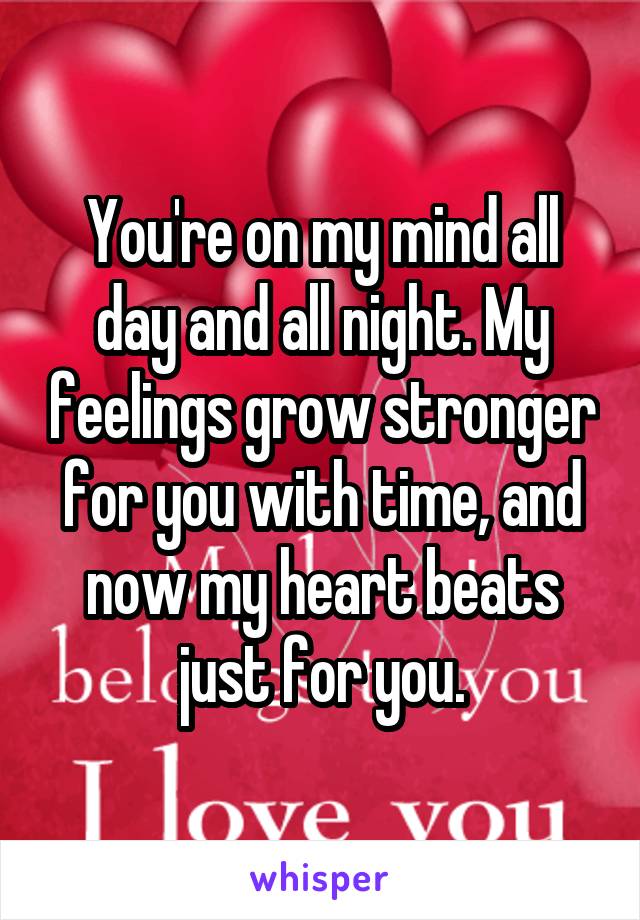 You're on my mind all day and all night. My feelings grow stronger for you with time, and now my heart beats just for you.