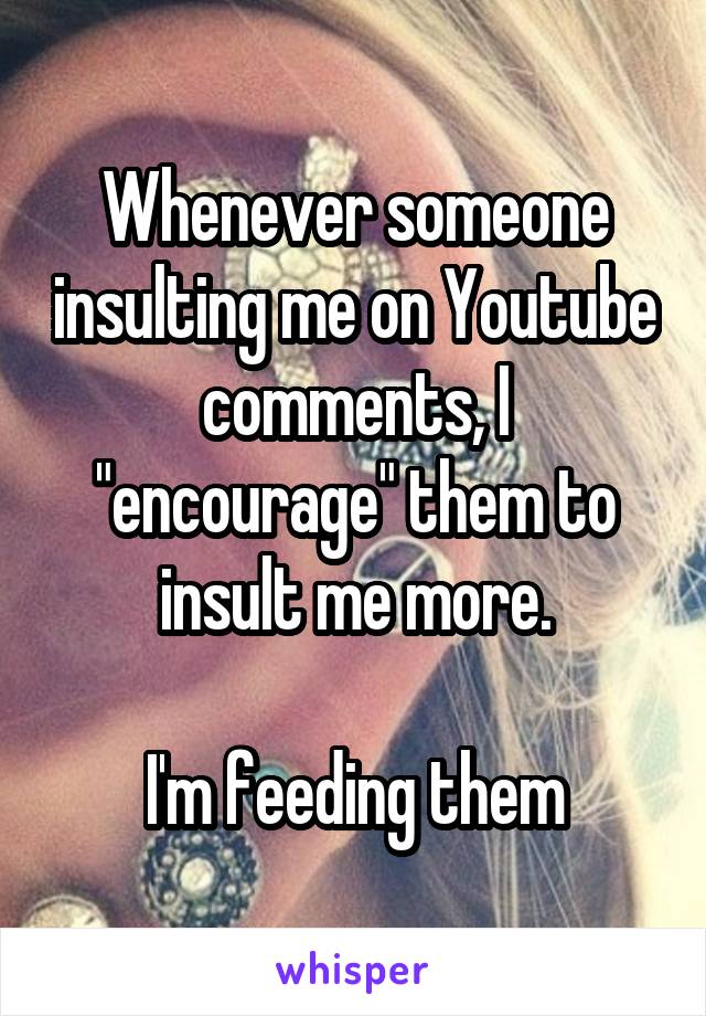 Whenever someone insulting me on Youtube comments, I "encourage" them to insult me more.

I'm feeding them