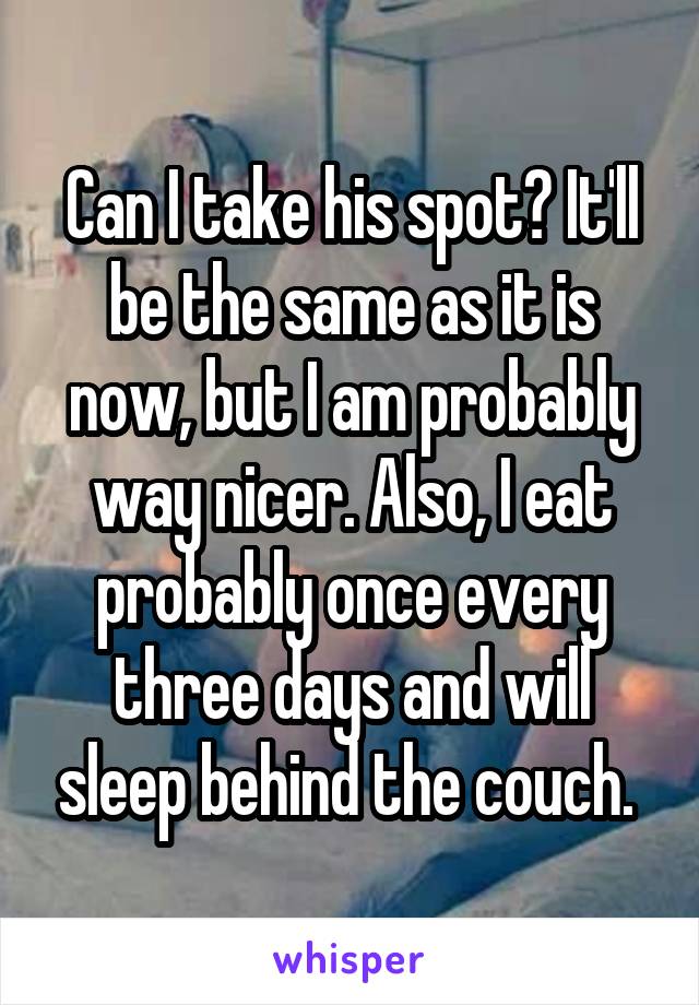 Can I take his spot? It'll be the same as it is now, but I am probably way nicer. Also, I eat probably once every three days and will sleep behind the couch. 