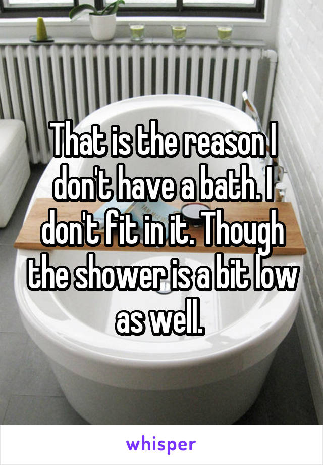 That is the reason I don't have a bath. I don't fit in it. Though the shower is a bit low as well. 