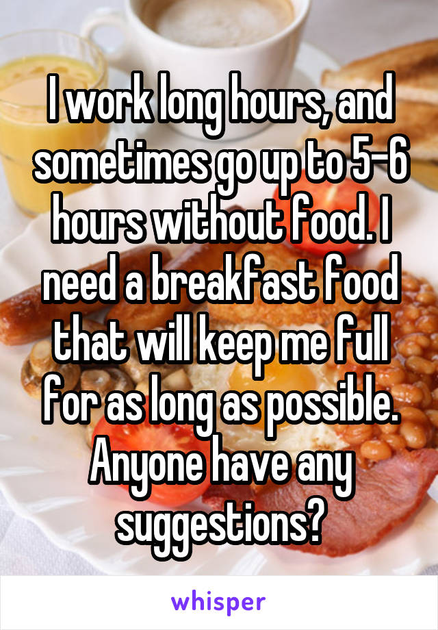 I work long hours, and sometimes go up to 5-6 hours without food. I need a breakfast food that will keep me full for as long as possible. Anyone have any suggestions?