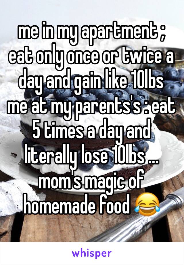 me in my apartment ; eat only once or twice a day and gain like 10lbs
me at my parents's : eat 5 times a day and literally lose 10lbs ...
mom's magic of homemade food 😂