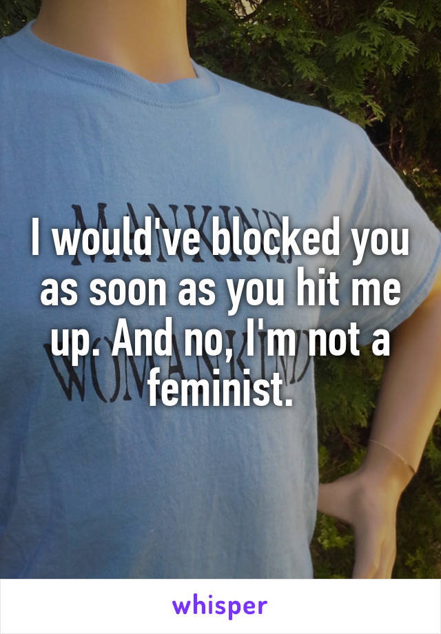 I would've blocked you as soon as you hit me up. And no, I'm not a feminist.