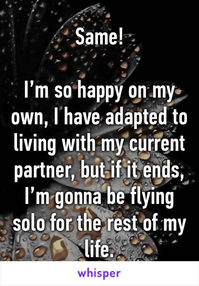Same!

I’m so happy on my own, I have adapted to living with my current partner, but if it ends, I’m gonna be flying solo for the rest of my life.