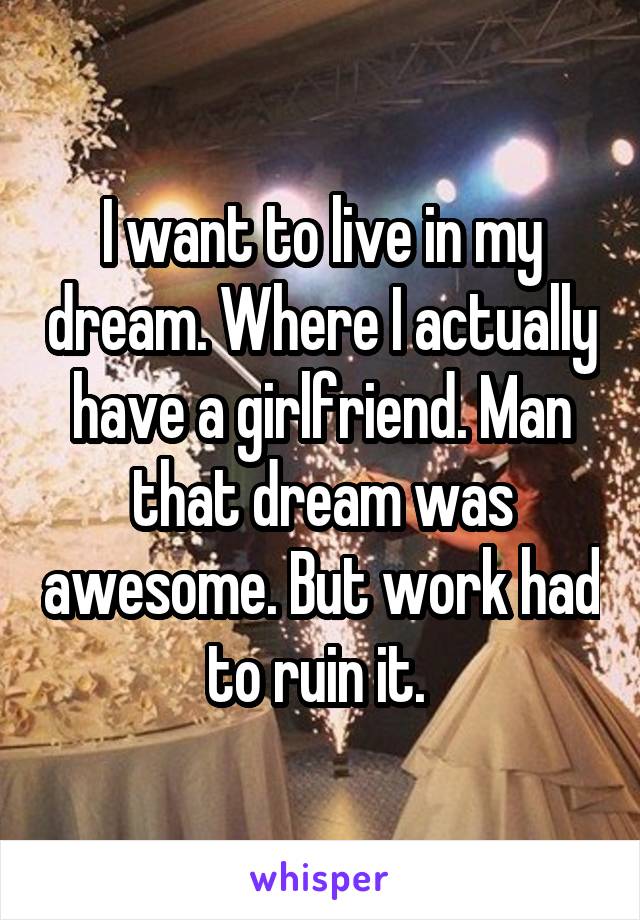 I want to live in my dream. Where I actually have a girlfriend. Man that dream was awesome. But work had to ruin it. 