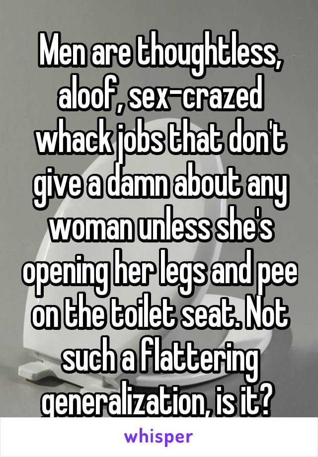 Men are thoughtless, aloof, sex-crazed whack jobs that don't give a damn about any woman unless she's opening her legs and pee on the toilet seat. Not such a flattering generalization, is it? 