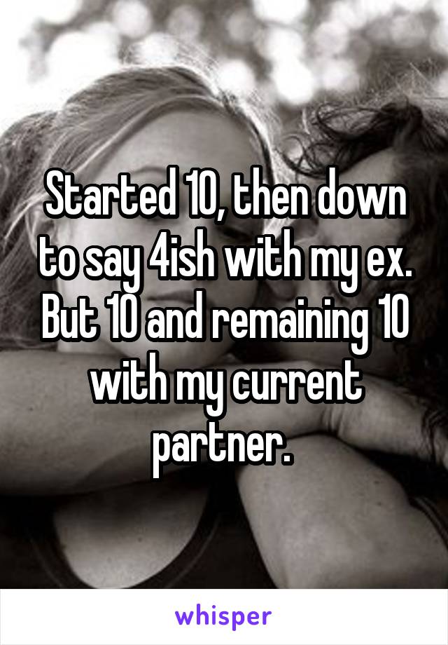 Started 10, then down to say 4ish with my ex. But 10 and remaining 10 with my current partner. 