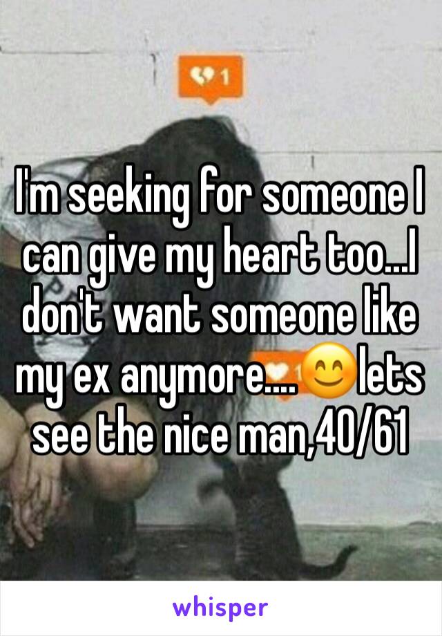 I'm seeking for someone I can give my heart too...I don't want someone like my ex anymore....😊lets see the nice man,40/61