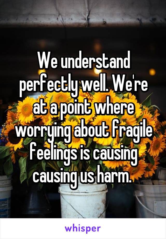 We understand perfectly well. We're at a point where worrying about fragile feelings is causing causing us harm. 