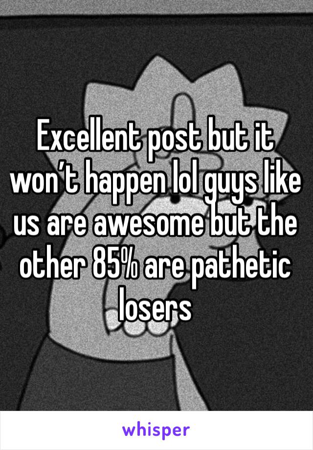 Excellent post but it won’t happen lol guys like us are awesome but the other 85% are pathetic losers 