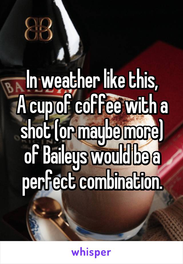 In weather like this,
A cup of coffee with a shot (or maybe more) of Baileys would be a perfect combination.