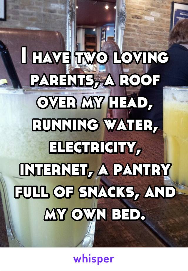 I have two loving parents, a roof over my head, running water, electricity, internet, a pantry full of snacks, and my own bed.