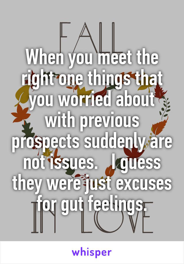 When you meet the right one things that you worried about with previous prospects suddenly are not issues.   I guess they were just excuses for gut feelings.