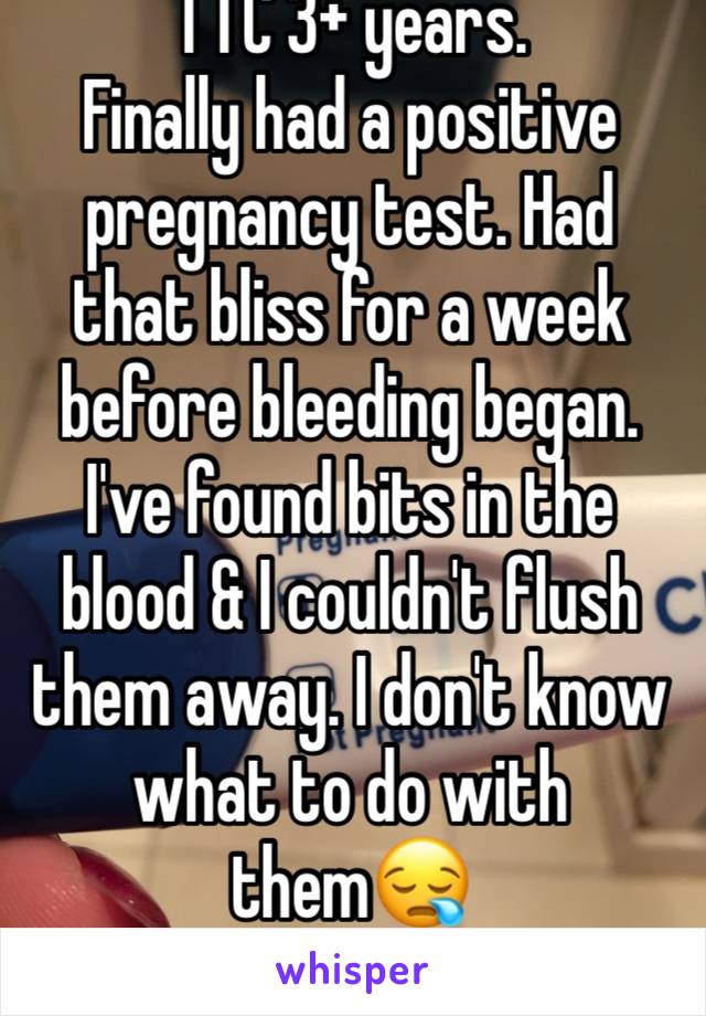 TTC 3+ years. 
Finally had a positive pregnancy test. Had that bliss for a week before bleeding began. I've found bits in the blood & I couldn't flush them away. I don't know what to do with them😪
