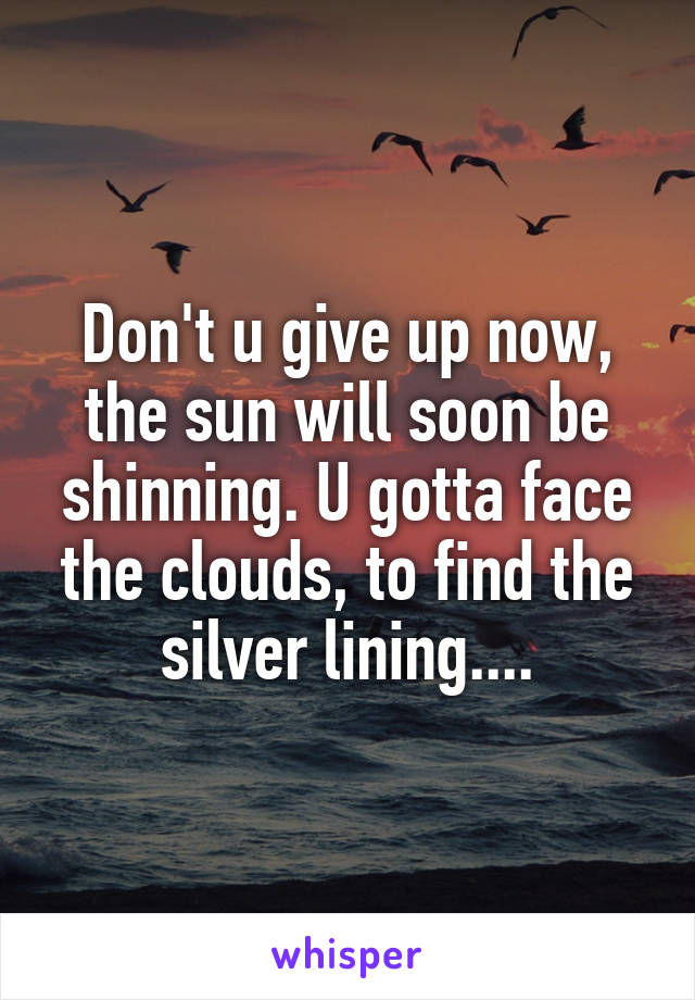 Don't u give up now, the sun will soon be shinning. U gotta face the clouds, to find the silver lining....