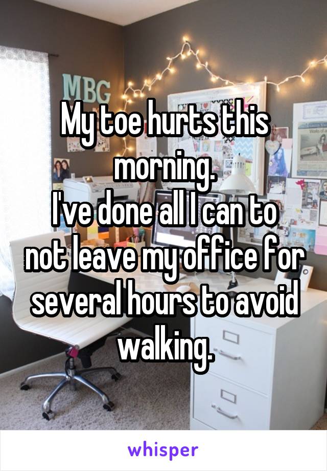 My toe hurts this morning.
I've done all I can to not leave my office for several hours to avoid walking.