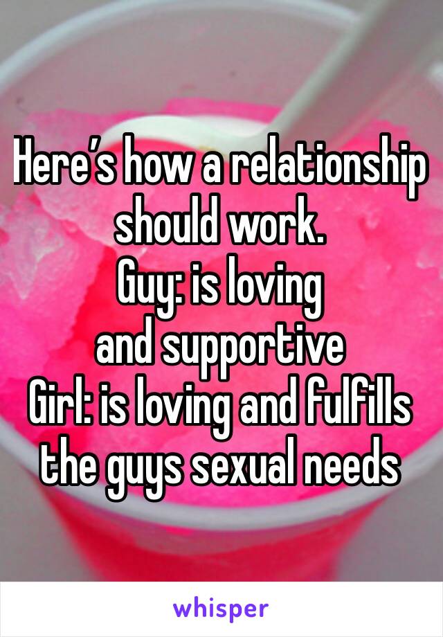 Here’s how a relationship should work.
Guy: is loving and supportive
Girl: is loving and fulfills the guys sexual needs