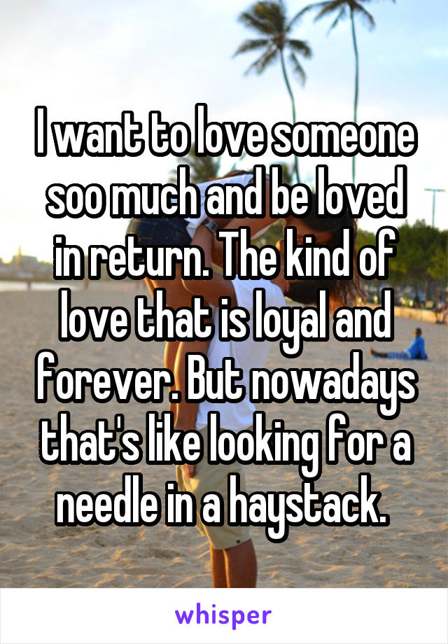 I want to love someone soo much and be loved in return. The kind of love that is loyal and forever. But nowadays that's like looking for a needle in a haystack. 