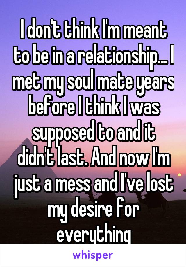I don't think I'm meant to be in a relationship... I met my soul mate years before I think I was supposed to and it didn't last. And now I'm just a mess and I've lost my desire for everything