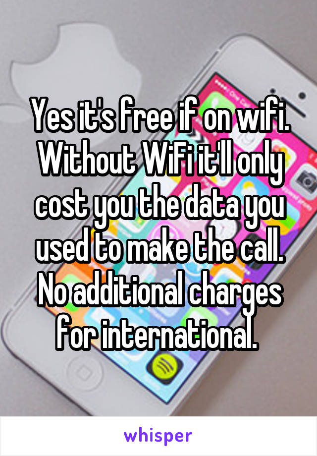 Yes it's free if on wifi. Without WiFi it'll only cost you the data you used to make the call. No additional charges for international. 