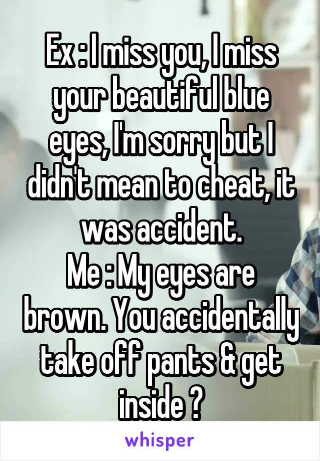 Ex : I miss you, I miss your beautiful blue eyes, I'm sorry but I didn't mean to cheat, it was accident.
Me : My eyes are brown. You accidentally take off pants & get inside ?