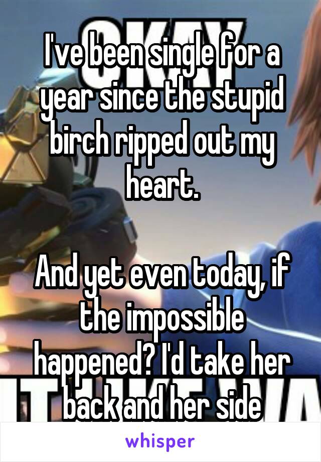 I've been single for a year since the stupid birch ripped out my heart.

And yet even today, if the impossible happened? I'd take her back and her side