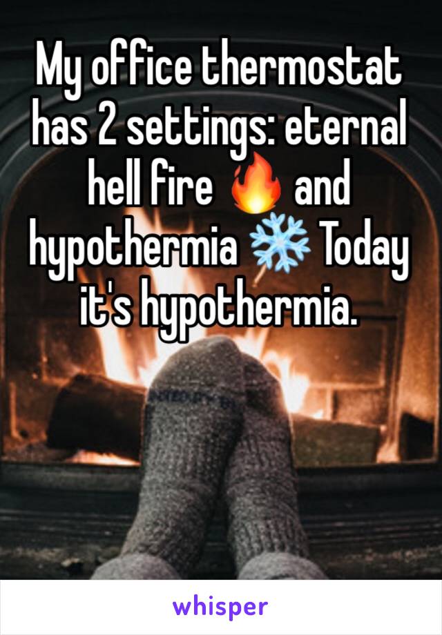 My office thermostat has 2 settings: eternal hell fire 🔥 and hypothermia ❄️ Today it's hypothermia. 