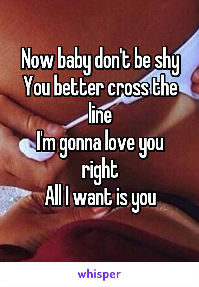 Now baby don't be shy
You better cross the line
I'm gonna love you right
All I want is you
