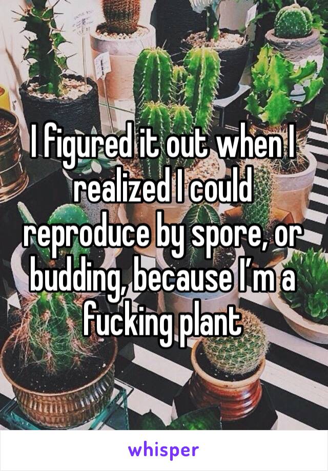I figured it out when I realized I could reproduce by spore, or budding, because I’m a fucking plant 