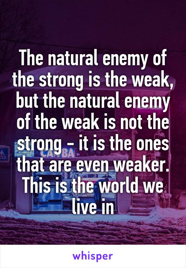 The natural enemy of the strong is the weak, but the natural enemy of the weak is not the strong - it is the ones that are even weaker. This is the world we live in