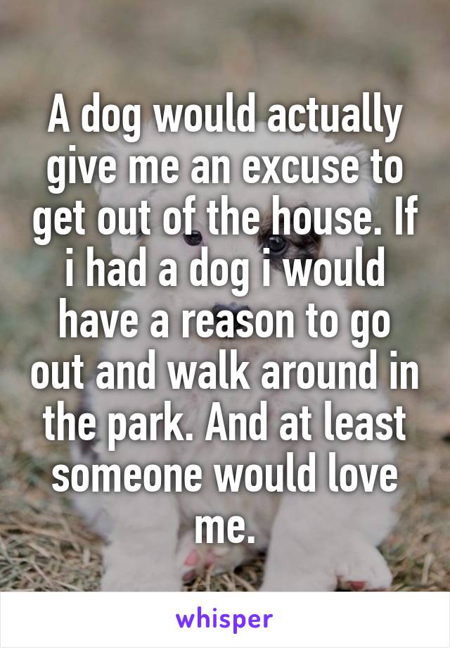 A dog would actually give me an excuse to get out of the house. If i had a dog i would have a reason to go out and walk around in the park. And at least someone would love me.