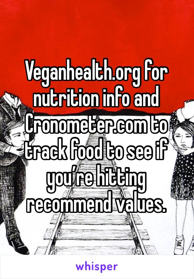 Veganhealth.org for nutrition info and Cronometer.com to track food to see if you’re hitting recommend values. 