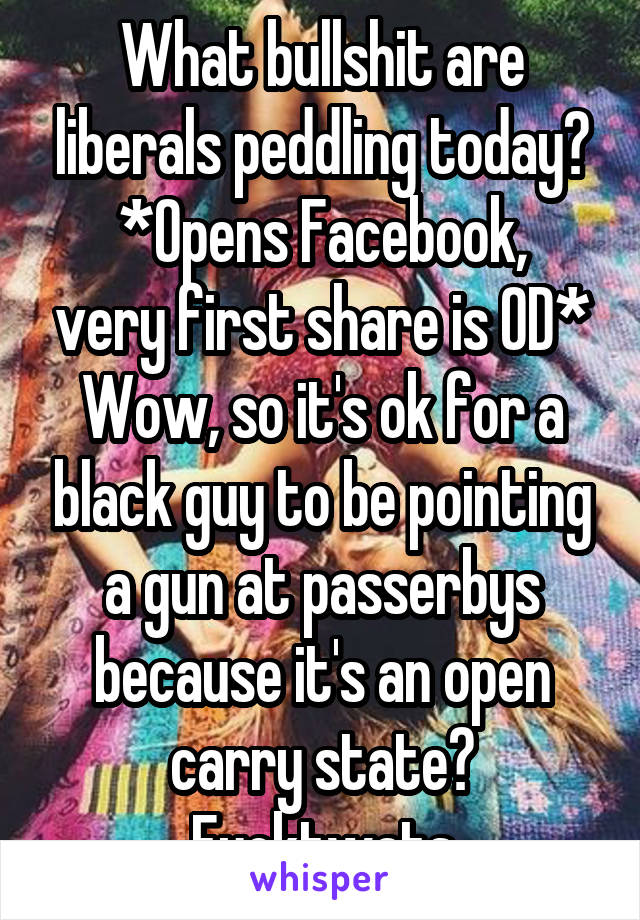 What bullshit are liberals peddling today?
*Opens Facebook, very first share is OD*
Wow, so it's ok for a black guy to be pointing a gun at passerbys because it's an open carry state? Fucktwats