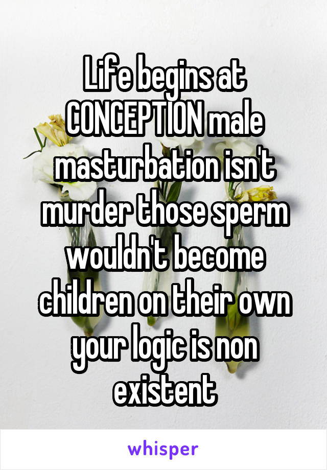 Life begins at CONCEPTION male masturbation isn't murder those sperm wouldn't become children on their own your logic is non existent