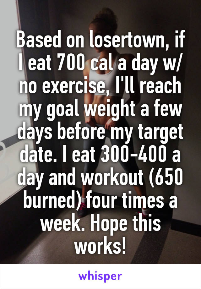 Based on losertown, if I eat 700 cal a day w/ no exercise, I'll reach my goal weight a few days before my target date. I eat 300-400 a day and workout (650 burned) four times a week. Hope this works!
