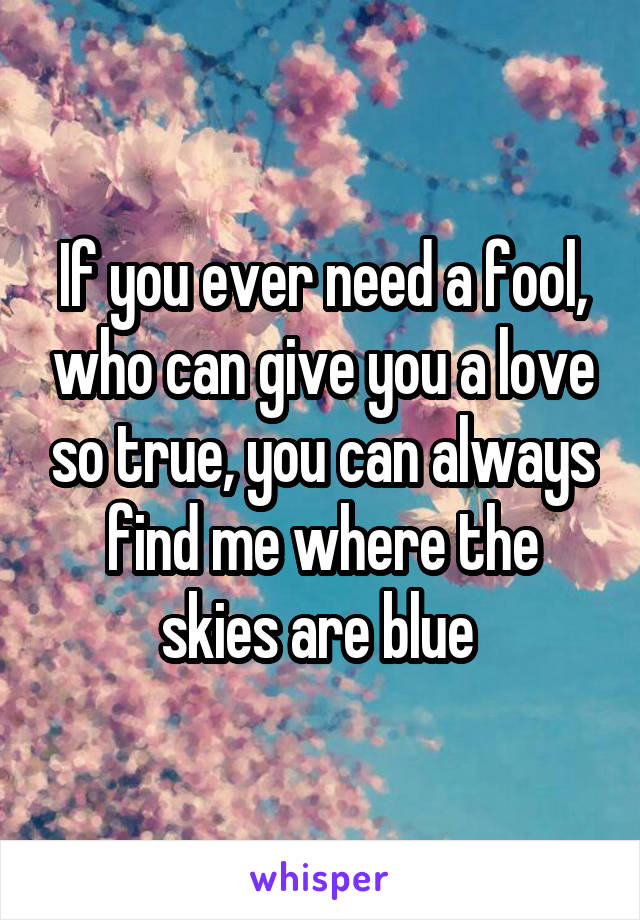 If you ever need a fool, who can give you a love so true, you can always find me where the skies are blue 