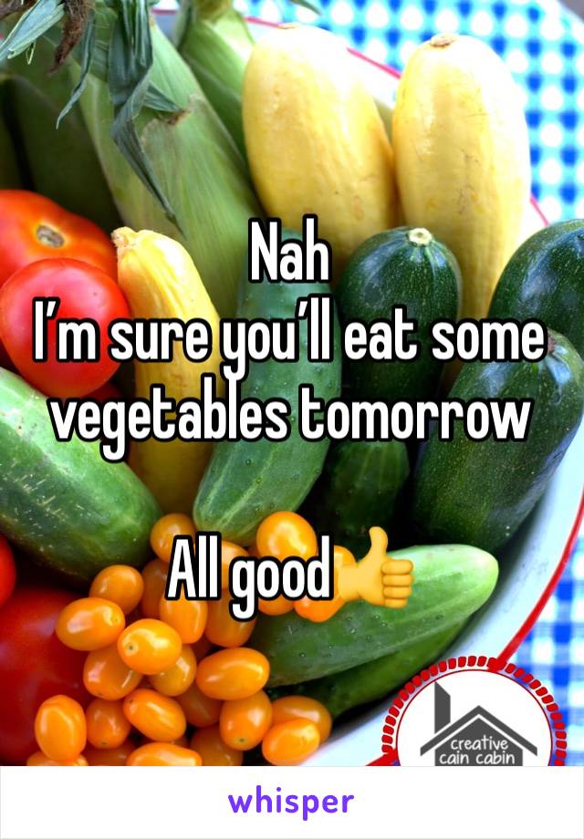 Nah
I’m sure you’ll eat some vegetables tomorrow 

All good👍