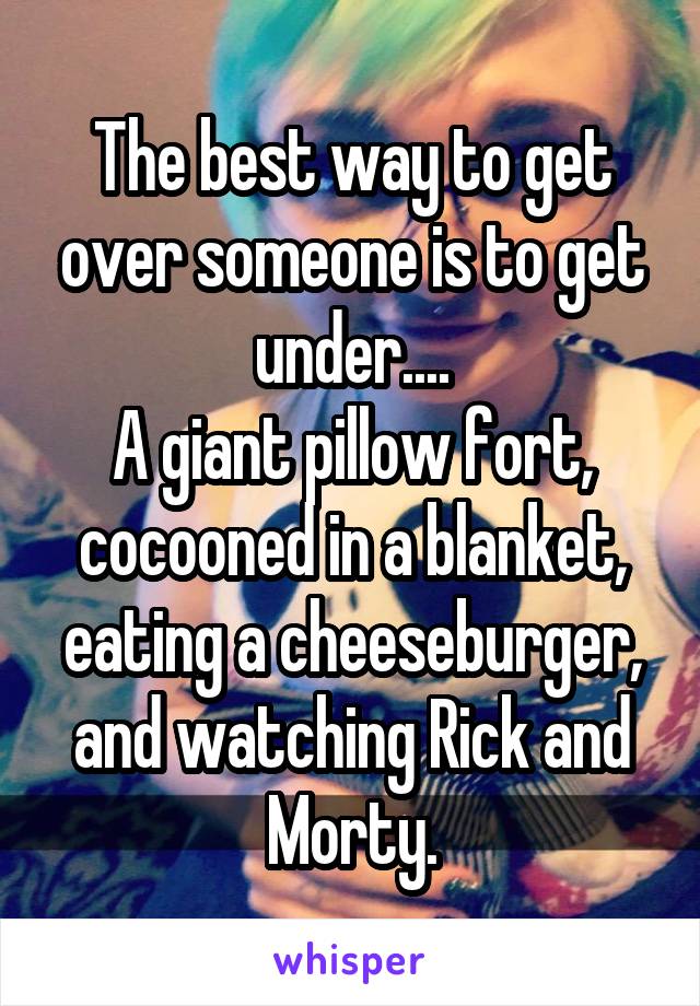 The best way to get over someone is to get under....
A giant pillow fort, cocooned in a blanket, eating a cheeseburger, and watching Rick and Morty.