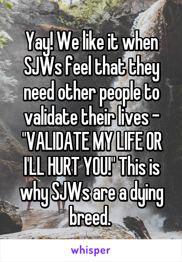 Yay! We like it when SJWs feel that they need other people to validate their lives - "VALIDATE MY LIFE OR I'LL HURT YOU!" This is why SJWs are a dying breed. 