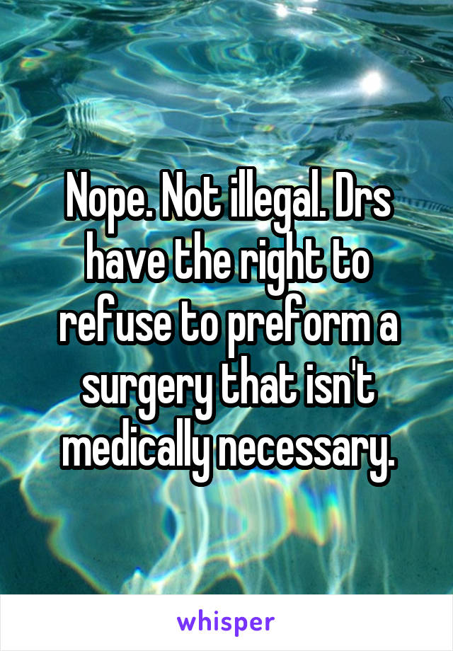 Nope. Not illegal. Drs have the right to refuse to preform a surgery that isn't medically necessary.