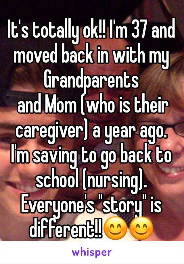 It's totally ok!! I'm 37 and moved back in with my Grandparents
 and Mom (who is their caregiver) a year ago. I'm saving to go back to school (nursing). Everyone's "story" is different!!😊😊