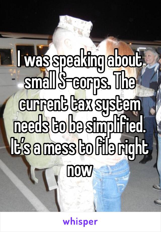 I was speaking about small S-corps. The current tax system needs to be simplified. It’s a mess to file right now