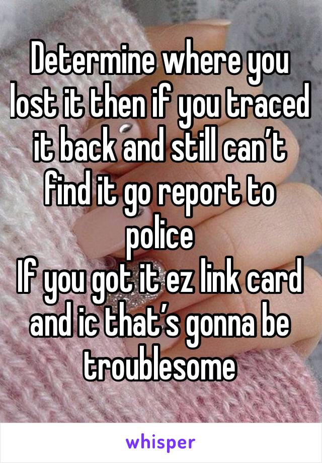 Determine where you lost it then if you traced it back and still can’t find it go report to police 
If you got it ez link card and ic that’s gonna be troublesome 