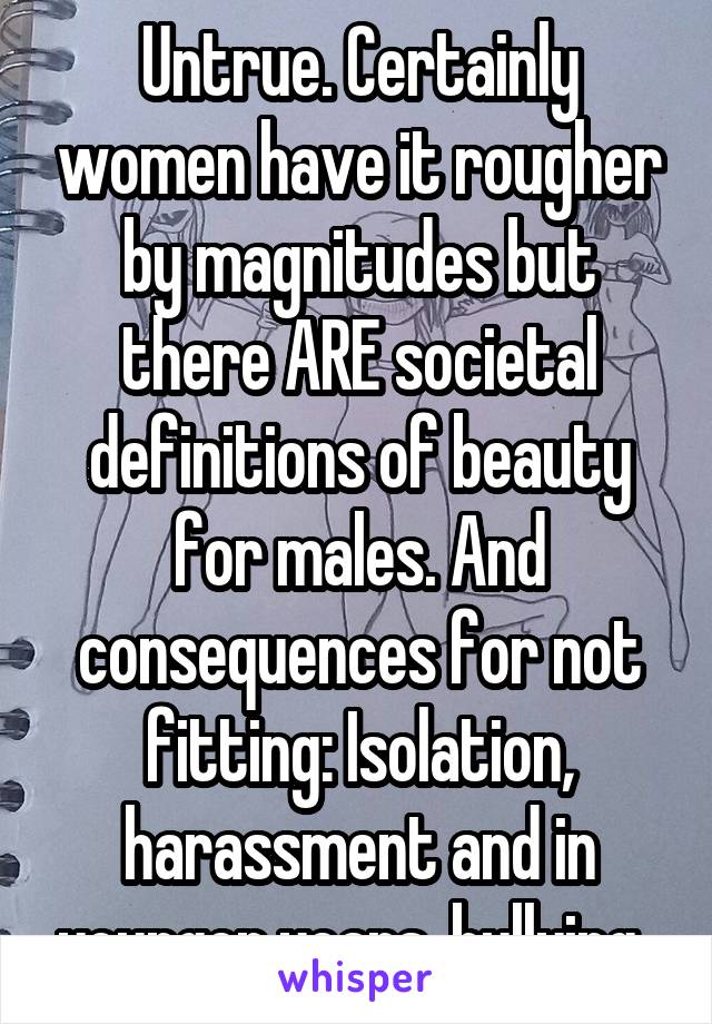 Untrue. Certainly women have it rougher by magnitudes but there ARE societal definitions of beauty for males. And consequences for not fitting: Isolation, harassment and in younger years, bullying. 