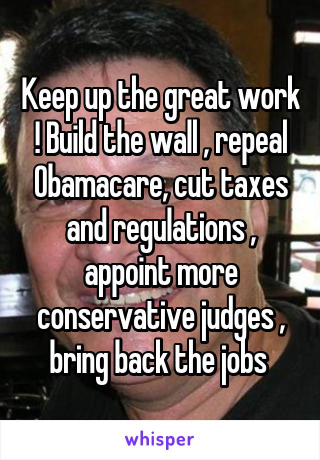 Keep up the great work ! Build the wall , repeal Obamacare, cut taxes and regulations , appoint more conservative judges , bring back the jobs 