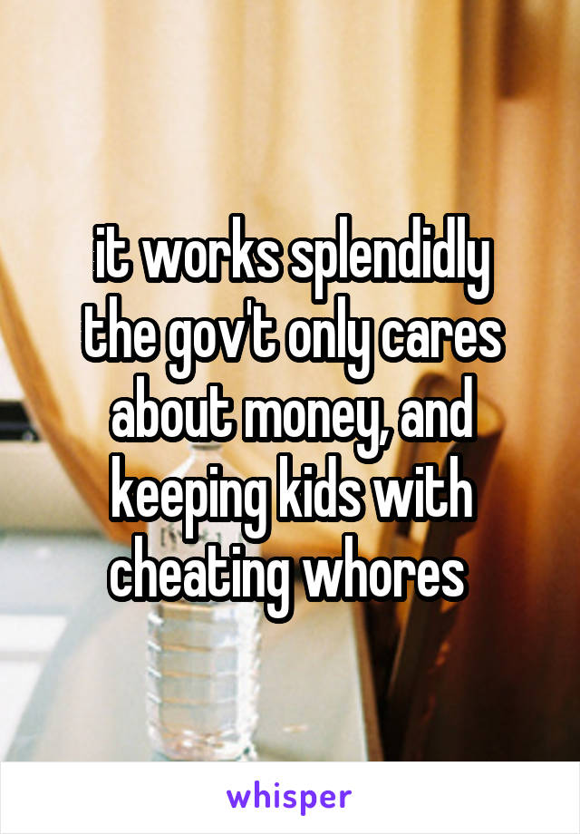 it works splendidly
the gov't only cares about money, and keeping kids with cheating whores 