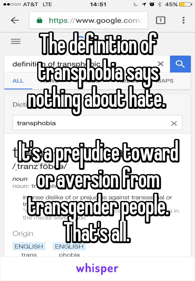 The definition of transphobia says nothing about hate. 

It's a prejudice toward or aversion from transgender people. That's all. 