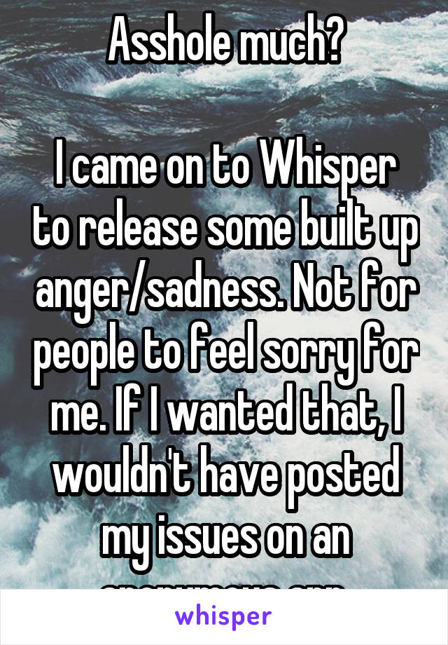 Asshole much?

I came on to Whisper to release some built up anger/sadness. Not for people to feel sorry for me. If I wanted that, I wouldn't have posted my issues on an anonymous app.