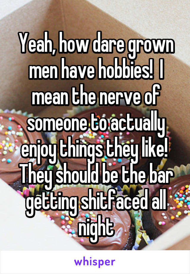 Yeah, how dare grown men have hobbies!  I mean the nerve of someone to actually enjoy things they like!  They should be the bar getting shitfaced all night